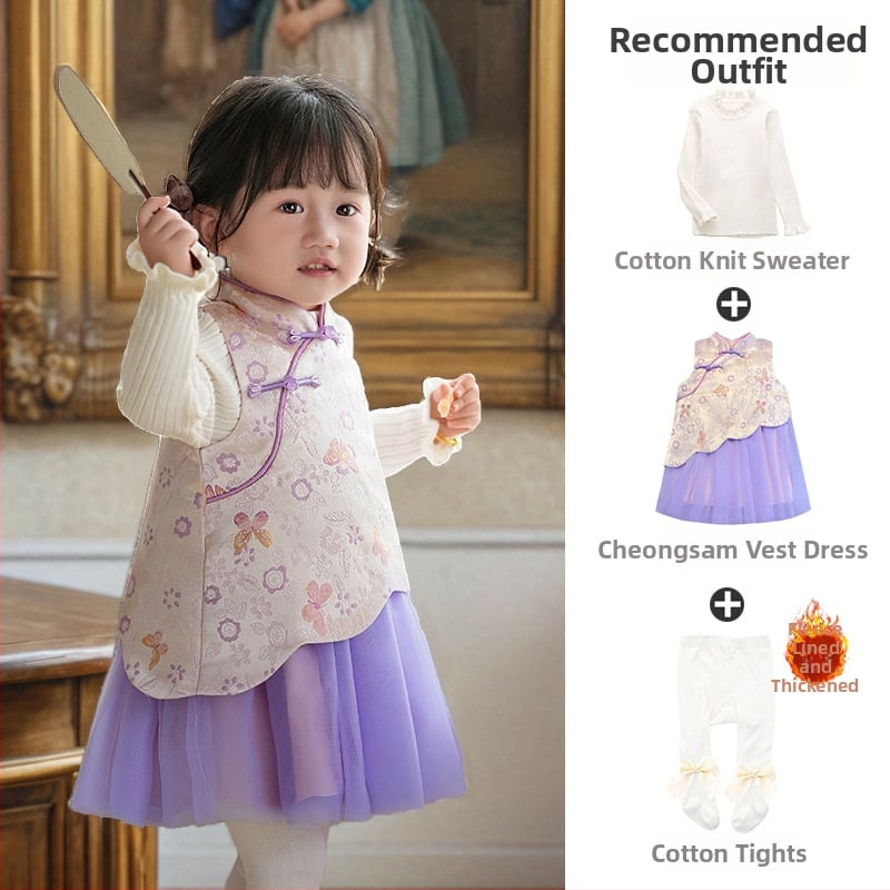 Φόρεμα κοριτσιών σε κινεζικό στιλ χωρίς μανίκια, σατέν ύφασμα, Α-γραμμή φούστα, μοτίβο με γράμματα και πουά, επένδυση 100% βαμβάκι