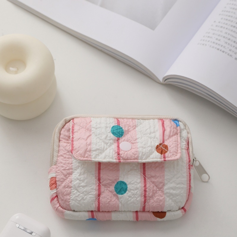 Mini novčanik za novčiće i kozmetička torbica – prugasta s točkicama quilted, prijenosna, mekana, poliester