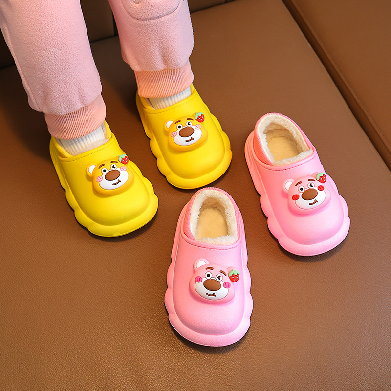 Gyerekeknek szánt téli pamutpapucs Cartoon mintával, PVC felsőrész és talp, vízálló, csúszásmentes, fleece bélés, uniszex, 1–16 éves korosztálynak
