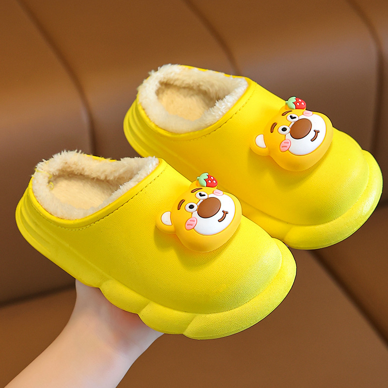 Gyerekeknek szánt téli pamutpapucs Cartoon mintával, PVC felsőrész és talp, vízálló, csúszásmentes, fleece bélés, uniszex, 1–16 éves korosztálynak