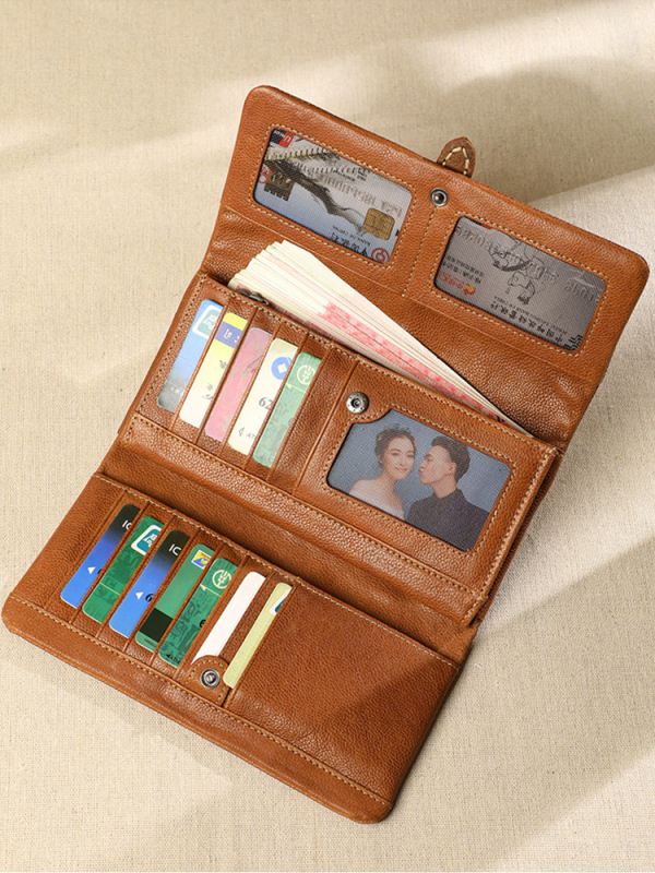 Πορτοφόλι για κινητό από γνήσιο δέρμα, πρώτο στρώμα βοοειδούς δέρματος, street style, μονόχρωμο σχέδιο, επένδυση πολυεστέρα