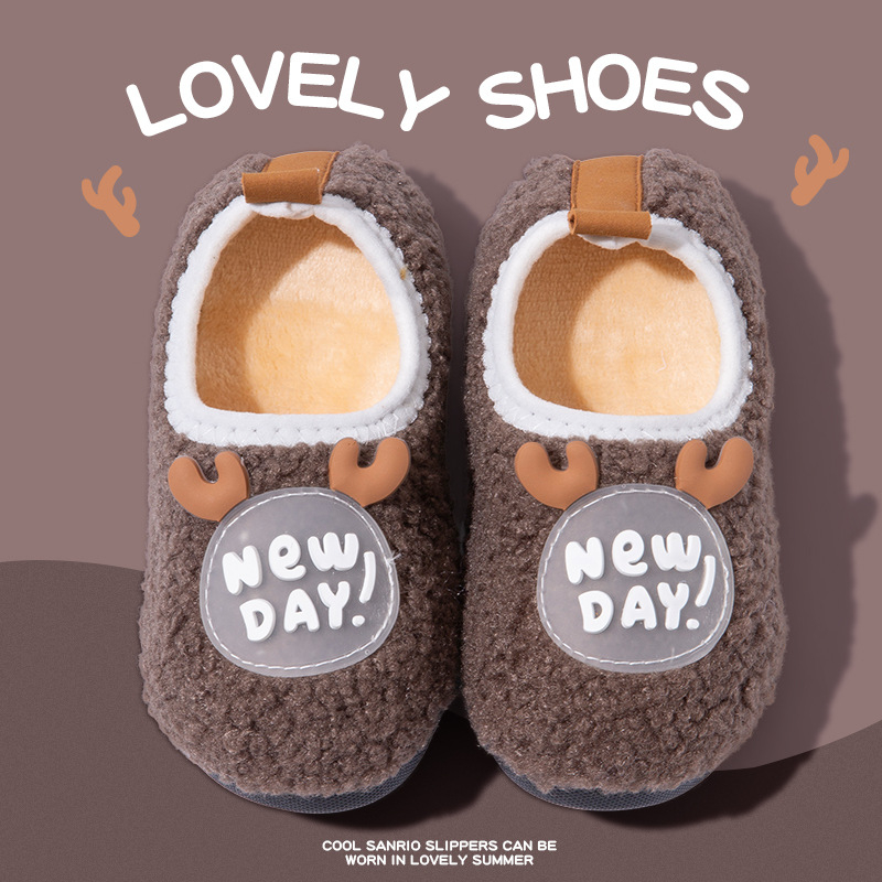 Papuci de casă din bumbac pentru copii, iarnă, cu model animale, partea superioară din bumbac, talpă din cauciuc, cu toc