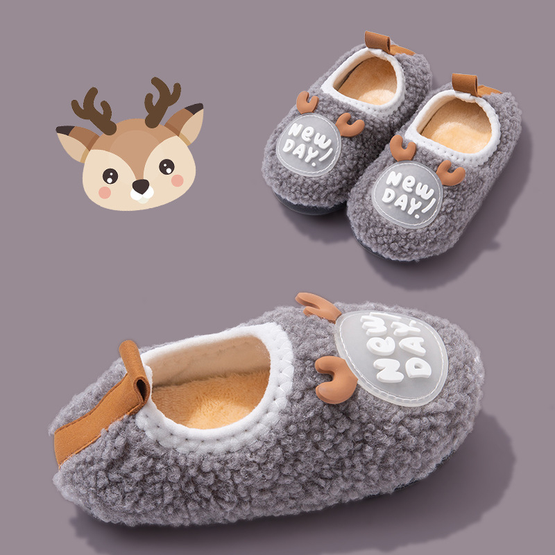 Papuci de casă din bumbac pentru copii, iarnă, cu model animale, partea superioară din bumbac, talpă din cauciuc, cu toc