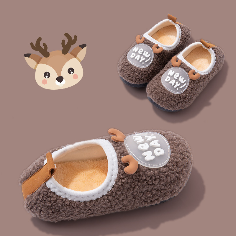 Papuci de casă din bumbac pentru copii, iarnă, cu model animale, partea superioară din bumbac, talpă din cauciuc, cu toc