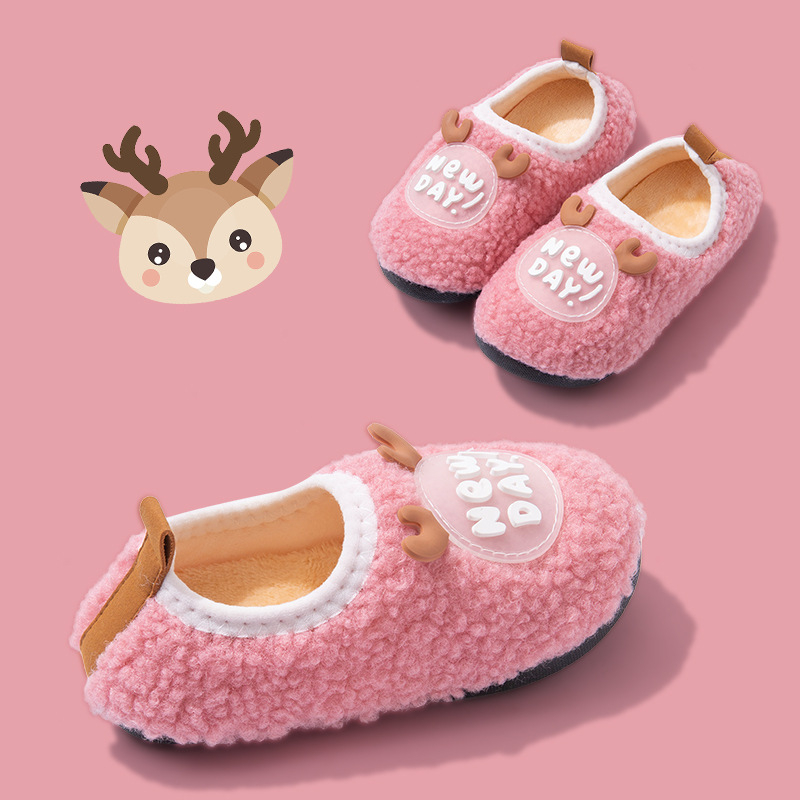 Papuci de casă din bumbac pentru copii, iarnă, cu model animale, partea superioară din bumbac, talpă din cauciuc, cu toc