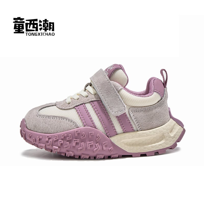 Gyerekeknek készült bőrből készült sportcipő Velcro-zárással, alacsony felsőrésszel, vastag talppal, csíkos mintával, lélegző és kopásálló