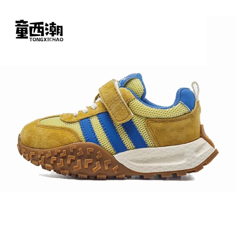 Gyerekeknek készült bőrből készült sportcipő Velcro-zárással, alacsony felsőrésszel, vastag talppal, csíkos mintával, lélegző és kopásálló