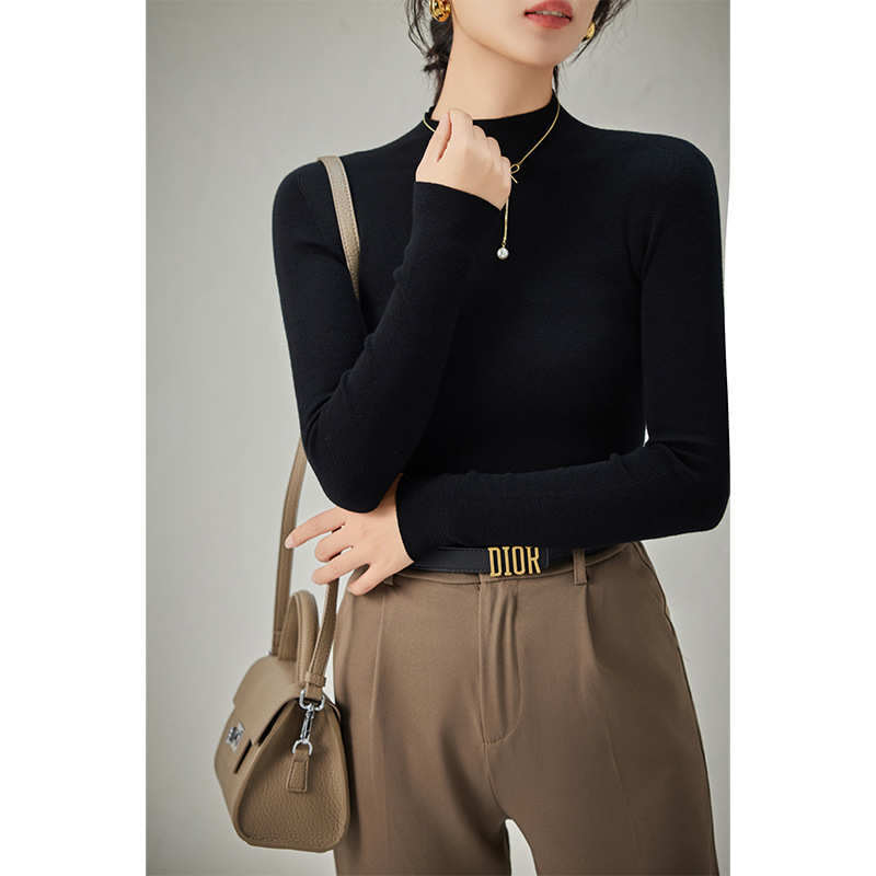 Női gyapjú kötött pulóver fél-turtleneck gallérral, karcsú szabás, 95%+ gyapjú, elegáns városi stílus, téli 2025