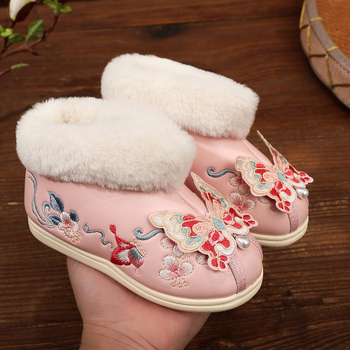 Pantofi pentru copii în stil Hanfu din piele artificială, model brodat cu animal, talpă din cauciuc, grosime normală, pentru vârste între 1-12 ani