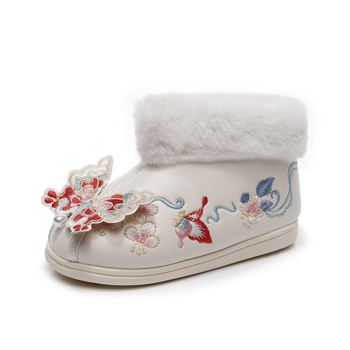 Pantofi pentru copii în stil Hanfu din piele artificială, model brodat cu animal, talpă din cauciuc, grosime normală, pentru vârste între 1-12 ani