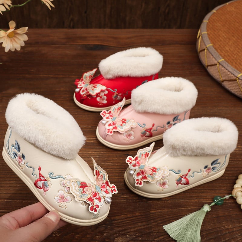 Pantofi pentru copii în stil Hanfu din piele artificială, model brodat cu animal, talpă din cauciuc, grosime normală, pentru vârste între 1-12 ani