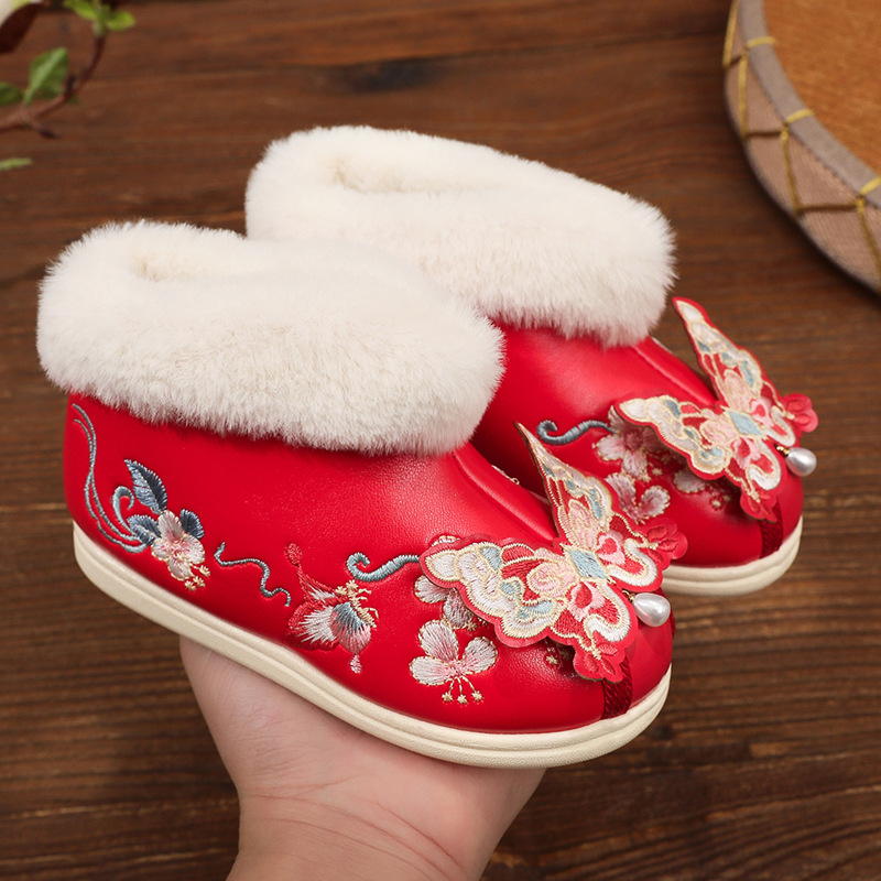 Pantofi pentru copii în stil Hanfu din piele artificială, model brodat cu animal, talpă din cauciuc, grosime normală, pentru vârste între 1-12 ani