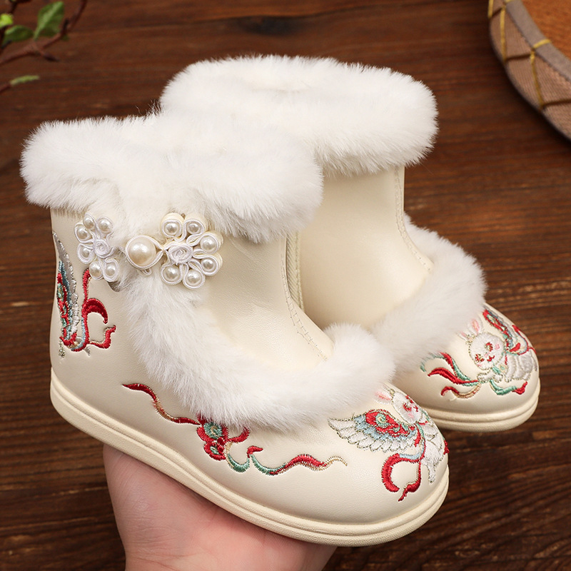 Pantofi pentru copii în stil Hanfu din piele artificială, model brodat cu animal, talpă din cauciuc, grosime normală, pentru vârste între 1-12 ani