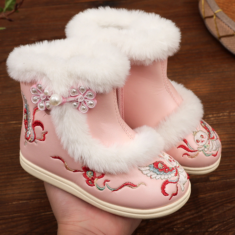 Pantofi pentru copii în stil Hanfu din piele artificială, model brodat cu animal, talpă din cauciuc, grosime normală, pentru vârste între 1-12 ani