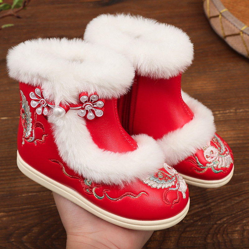 Pantofi pentru copii în stil Hanfu din piele artificială, model brodat cu animal, talpă din cauciuc, grosime normală, pentru vârste între 1-12 ani