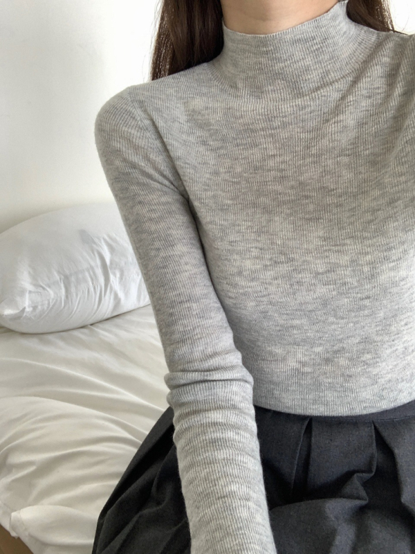 Γυναικείος πλεκτός πουλόβερ με ημιυψωμένο γιακά από μαλλί αρνιού, εφαρμοστό, μακριά μανίκια, μίγμα μαλλιού αρνιού και πολυπροπυλενίου (30–50% μαλλί)