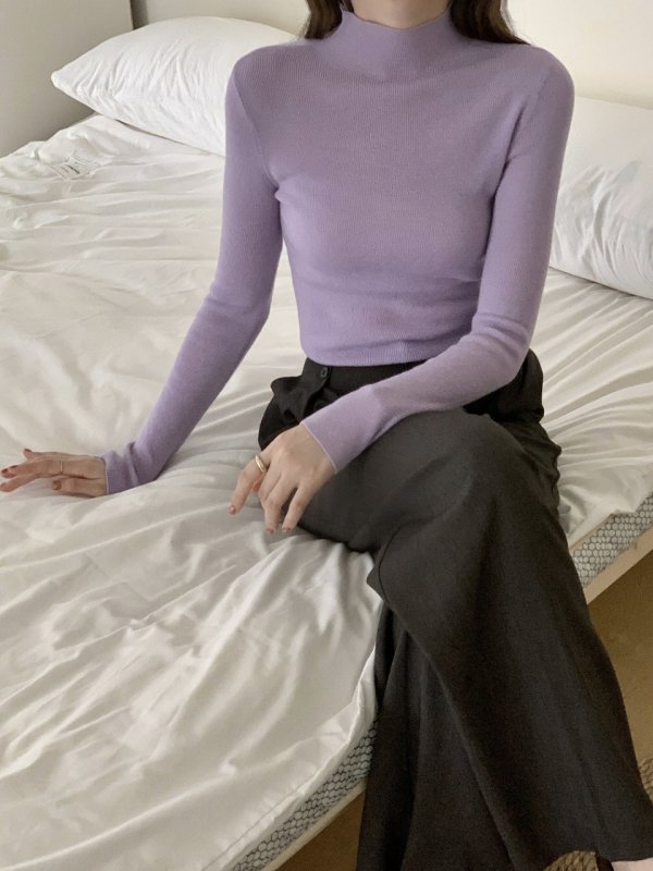 Γυναικείος πλεκτός πουλόβερ με ημιυψωμένο γιακά από μαλλί αρνιού, εφαρμοστό, μακριά μανίκια, μίγμα μαλλιού αρνιού και πολυπροπυλενίου (30–50% μαλλί)