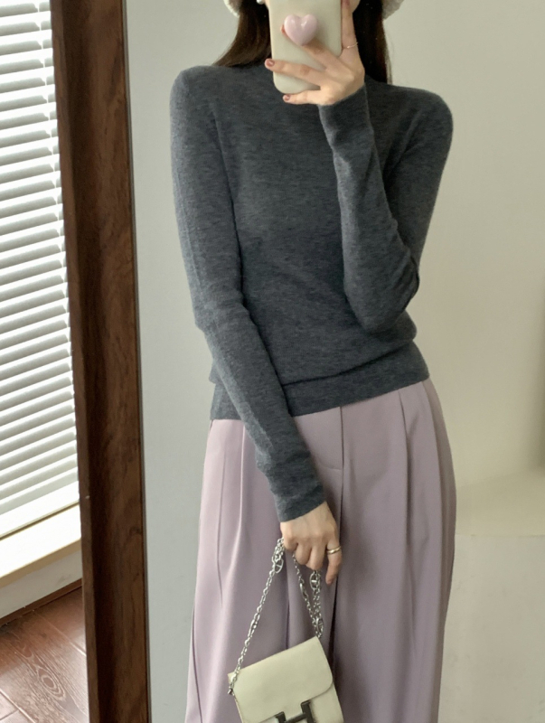 Γυναικείος πλεκτός πουλόβερ με ημιυψωμένο γιακά από μαλλί αρνιού, εφαρμοστό, μακριά μανίκια, μίγμα μαλλιού αρνιού και πολυπροπυλενίου (30–50% μαλλί)