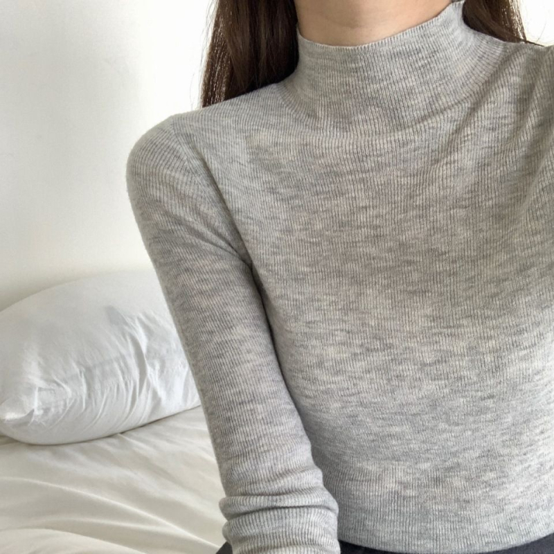 Γυναικείος πλεκτός πουλόβερ με ημιυψωμένο γιακά από μαλλί αρνιού, εφαρμοστό, μακριά μανίκια, μίγμα μαλλιού αρνιού και πολυπροπυλενίου (30–50% μαλλί)