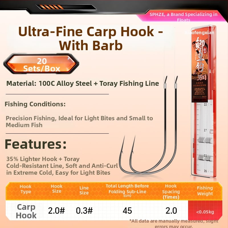 Little Fengxian Cârlig Dublu cu Linie Subțire pentru Pescuit în Râu, 20 Perechi în Cutie