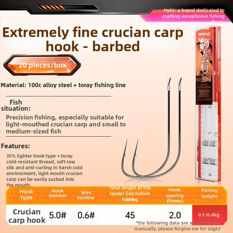 Little Fengxian Cârlig Dublu cu Linie Subțire pentru Pescuit în Râu, 20 Perechi în Cutie