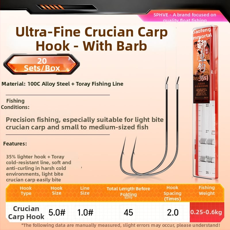 Little Fengxian Cârlig Dublu cu Linie Subțire pentru Pescuit în Râu, 20 Perechi în Cutie