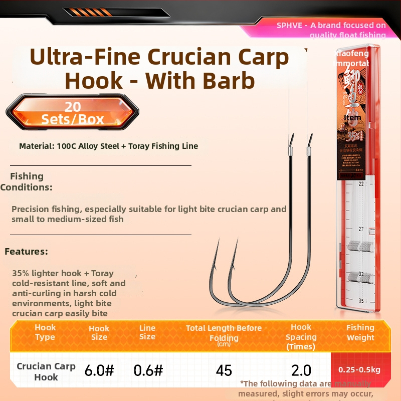 Little Fengxian Cârlig Dublu cu Linie Subțire pentru Pescuit în Râu, 20 Perechi în Cutie