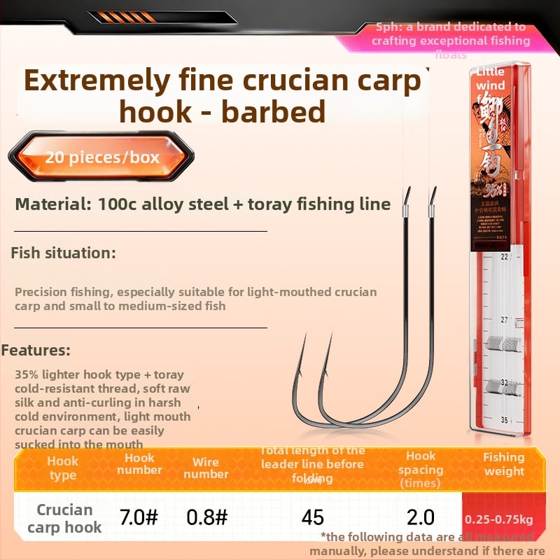 Little Fengxian Cârlig Dublu cu Linie Subțire pentru Pescuit în Râu, 20 Perechi în Cutie