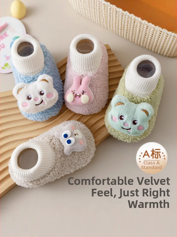 Βρεφικά παπούτσια με επένδυση φλίς για άνοιξη-χειμώνα, unisex, ψηλό ύψος, παχύ υλικό, σχέδιο καρτούν, 100% πολυεστέρας