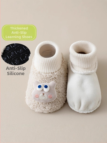 Βρεφικά παπούτσια με επένδυση φλίς για άνοιξη-χειμώνα, unisex, ψηλό ύψος, παχύ υλικό, σχέδιο καρτούν, 100% πολυεστέρας