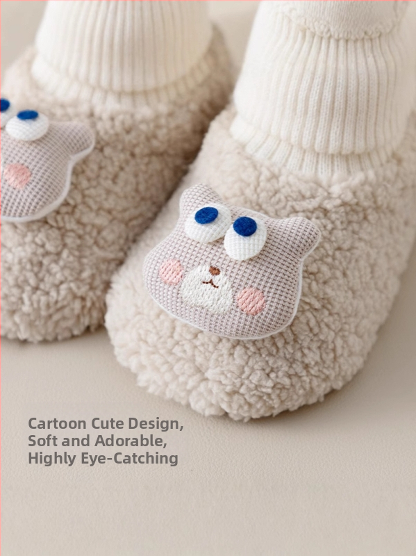 Бебешки плюшени чорапи-обувки за пролет и зима, унисекс, висок тунел, дебел материал, карикатурен принт, 100% полиестер