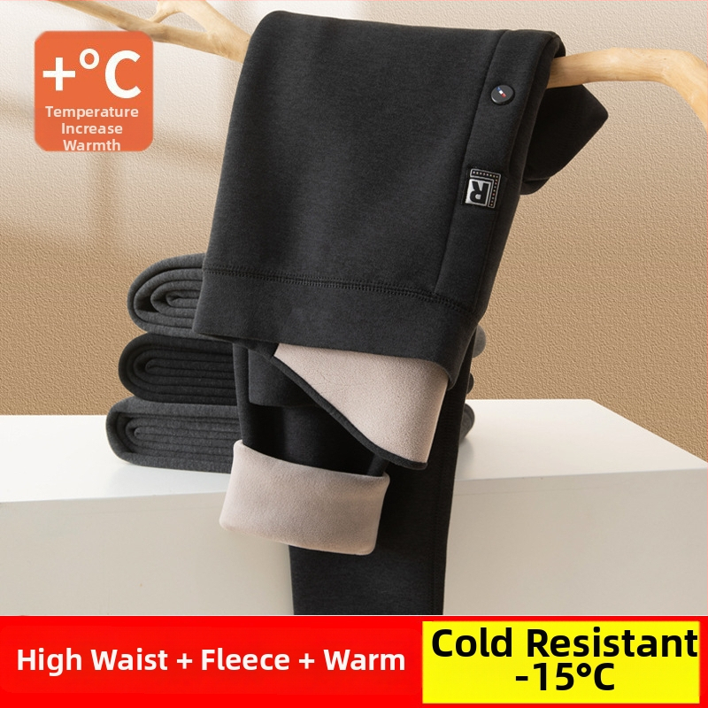 Pantaloni termici pentru bărbați cu căptușeală de fleece, talie înaltă, dublu strat, poliester