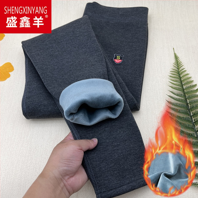 Pantaloni termici pentru bărbați cu căptușeală de fleece, talie înaltă, dublu strat, poliester