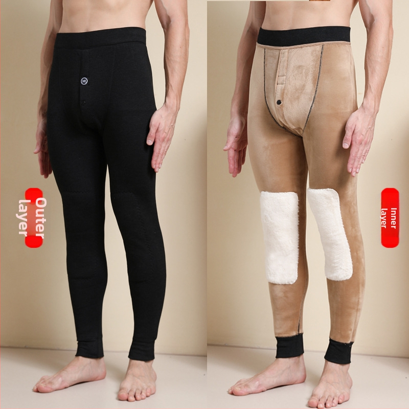 Pantaloni termici pentru bărbați cu căptușeală de fleece, talie înaltă, dublu strat, poliester