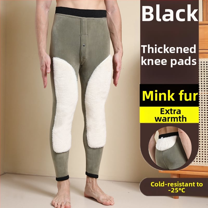 Pantaloni termici pentru bărbați cu căptușeală de fleece, talie înaltă, dublu strat, poliester