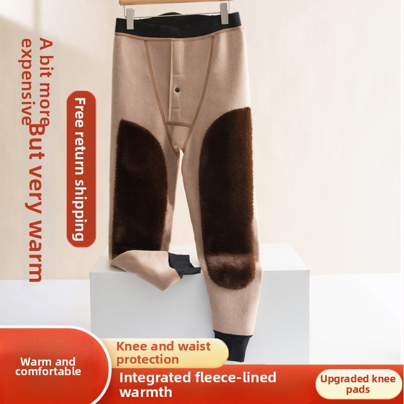 Pantaloni termici pentru bărbați cu căptușeală de fleece, talie înaltă, dublu strat, poliester