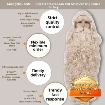 Férfi Mikulás paróka bajusszal — modell GF-W6144, hőálló szálakból készült haj, szövött kivitel, Cos anime stílus, hosszú göndör haj és szakáll