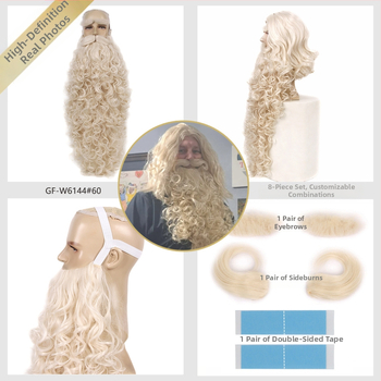 Férfi Mikulás paróka bajusszal — modell GF-W6144, hőálló szálakból készült haj, szövött kivitel, Cos anime stílus, hosszú göndör haj és szakáll