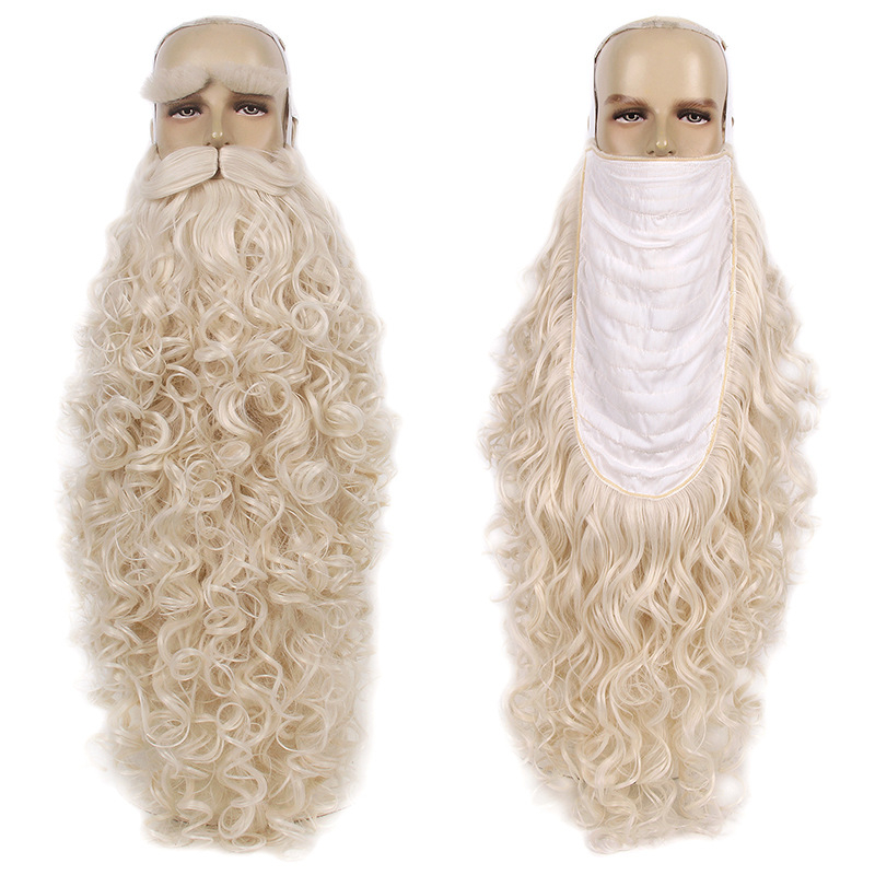 Férfi Mikulás paróka bajusszal — modell GF-W6144, hőálló szálakból készült haj, szövött kivitel, Cos anime stílus, hosszú göndör haj és szakáll