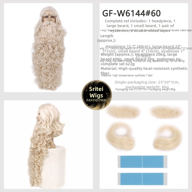 Férfi Mikulás paróka bajusszal — modell GF-W6144, hőálló szálakból készült haj, szövött kivitel, Cos anime stílus, hosszú göndör haj és szakáll