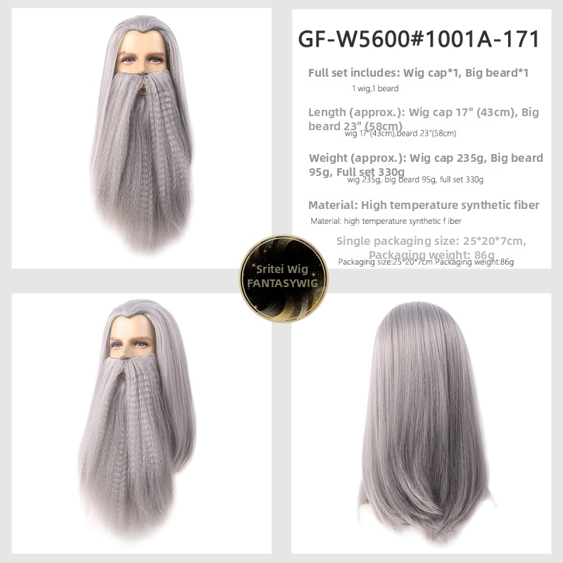 Férfi Mikulás paróka bajusszal — modell GF-W6144, hőálló szálakból készült haj, szövött kivitel, Cos anime stílus, hosszú göndör haj és szakáll