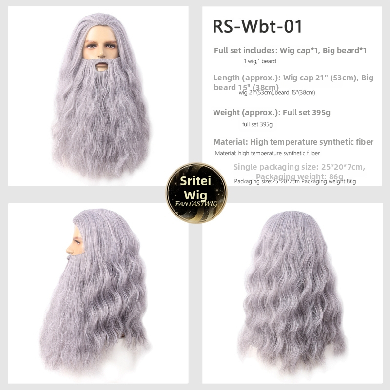 Férfi Mikulás paróka bajusszal — modell GF-W6144, hőálló szálakból készült haj, szövött kivitel, Cos anime stílus, hosszú göndör haj és szakáll