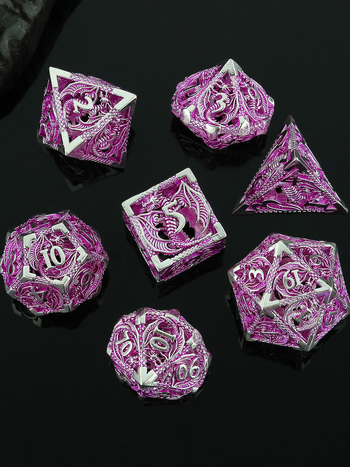 Комплект медни полиедрални зарове за D&D, драконски дизайн, 7 броя