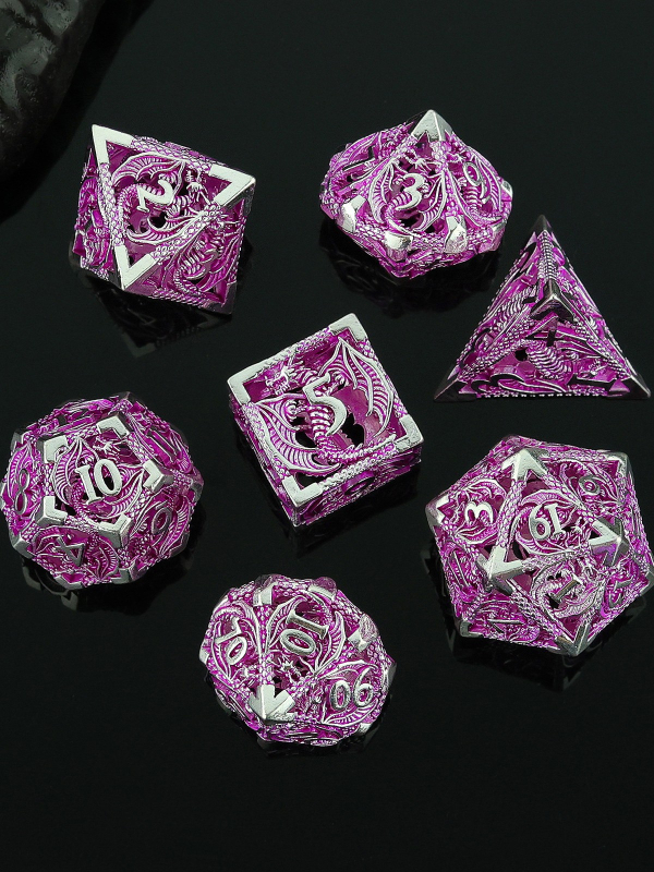 Комплект медни полиедрални зарове за D&D, драконски дизайн, 7 броя