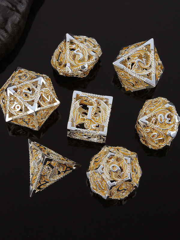 Комплект медни полиедрални зарове за D&D, драконски дизайн, 7 броя