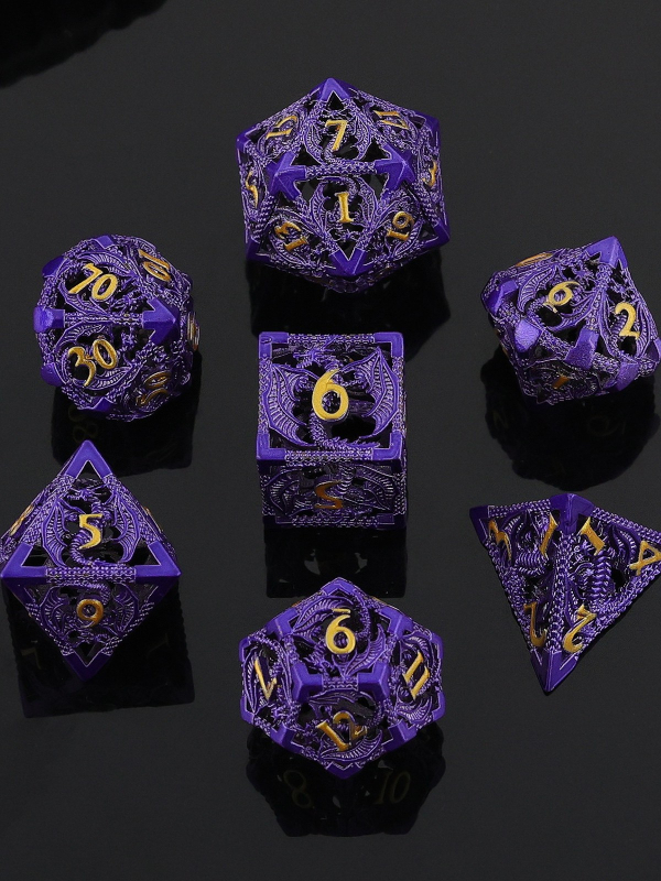 Комплект медни полиедрални зарове за D&D, драконски дизайн, 7 броя