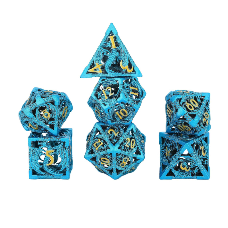Комплект медни полиедрални зарове за D&D, драконски дизайн, 7 броя