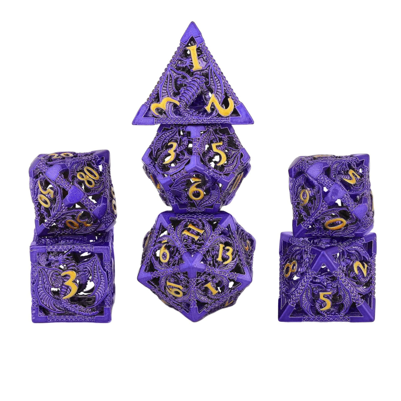 Комплект медни полиедрални зарове за D&D, драконски дизайн, 7 броя