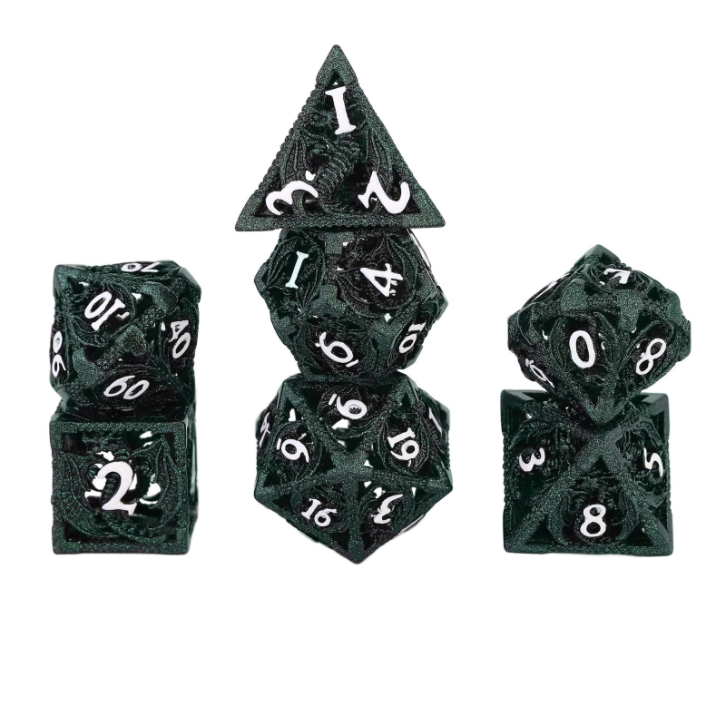 Комплект медни полиедрални зарове за D&D, драконски дизайн, 7 броя