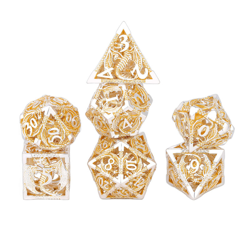 Комплект медни полиедрални зарове за D&D, драконски дизайн, 7 броя